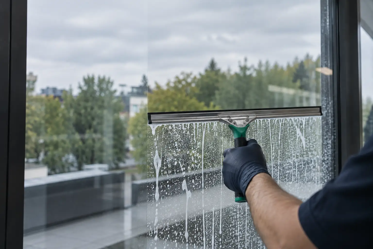 Symbolbild: Fensterreinigung mit Abzieher an einer Glasfront